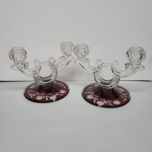 Indiana Glass Double Arm Candle Holders With Ruby Cut To Clear Base Set Of 2